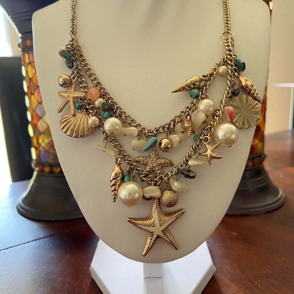 Gold Tone Starfish Shell Necklace MOP Blue Pink Chips Rhinestones Faux Pearls